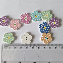 Load image into Gallery viewer, 10 Flower Shape mixed colour buttons with white spots 20mm