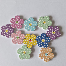 Load image into Gallery viewer, 10 Flower Shape mixed colour buttons with white spots 20mm