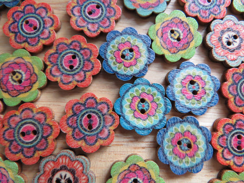 52 Retro Mosaic Flower Shape Wood like Buttons 20mm diameter