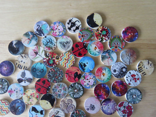 50 x Mixed set 20mm buttons- music, floral, heart, dream,  mixed prints