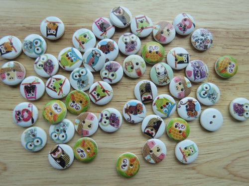 50 Owl print 15mm buttons with white back- prints as shown in photos