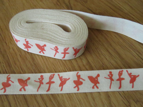 5 yards/ 4.6m Red ballet dancers printed on Cream 100% cotton tape