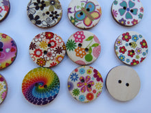 Load image into Gallery viewer, 10 x 25mm Mixed Bright Floral Mixed Print Wood Buttons- random set of 10 prints