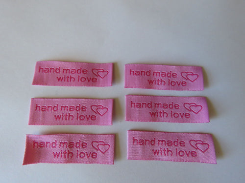 10 Pink Hand made with Love and Double Heart Labels 45x 15mm approx.