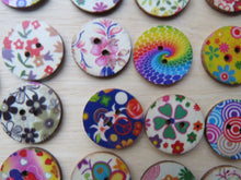 Load image into Gallery viewer, 10 x 25mm Mixed Bright Floral Mixed Print Wood Buttons- random set of 10 prints