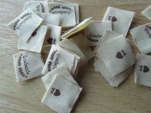 50 Handmade underlined with Heart twigs Cotton Flag Labels 2 x 2cm folded