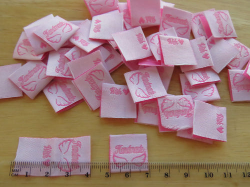 10 Pink Handmade 2 wings and with heart symbol for love on back satin flag label