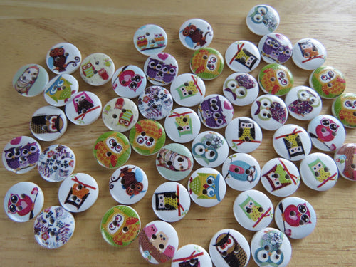 25 Owl print 15mm buttons- single and double owl print white back