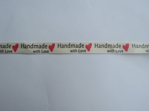 1m Cotton Tape Handmade with Love and  Red Heart  Labels. 50 x 15mm