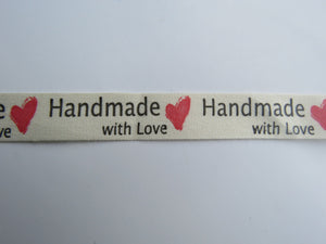 1m Cotton Tape Handmade with Love and  Red Heart  Labels. 50 x 15mm