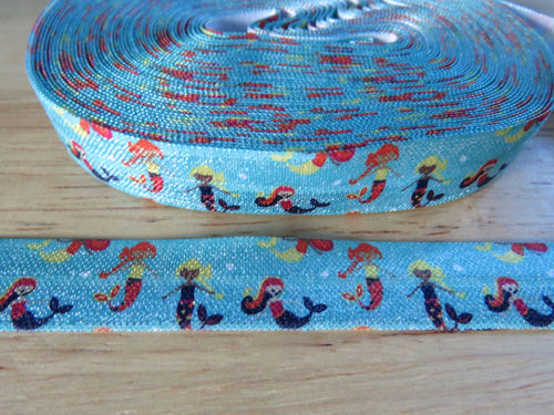 4m Mermaids on Blue fold over elastic FOE Foldover elastic 15mm