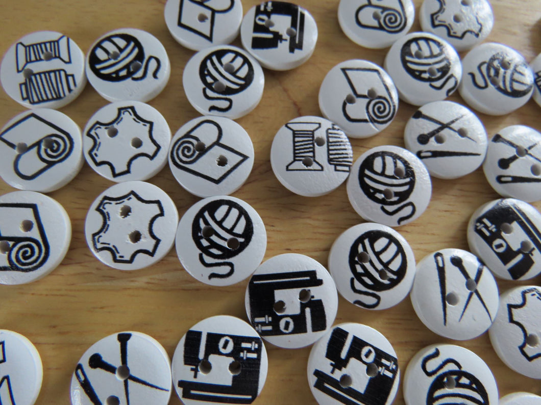 50 Black on white sewing them 15mm buttons- sewing machine, thread, wool,fabric