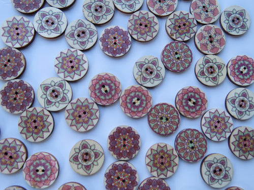 10 x  25mm Pink Green retro print wooden buttons- random mix of 10