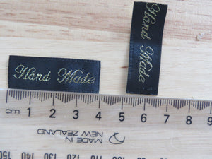 100 Hand Made in Cursive Font Black Woven labels. 40x 15mm